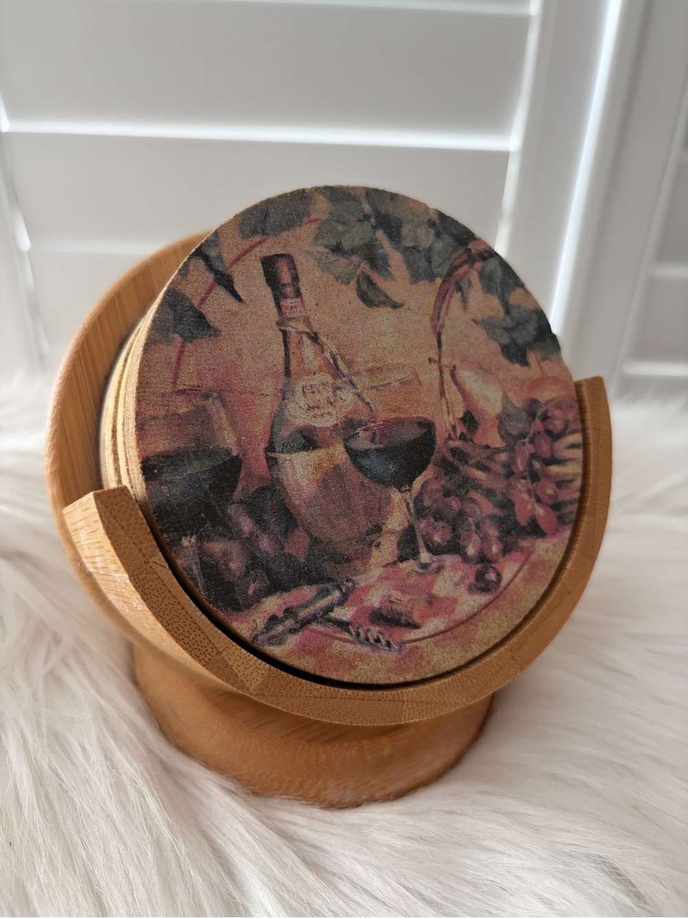 Wooden Wine-Themed Round Coaster Set - Rustic Brown